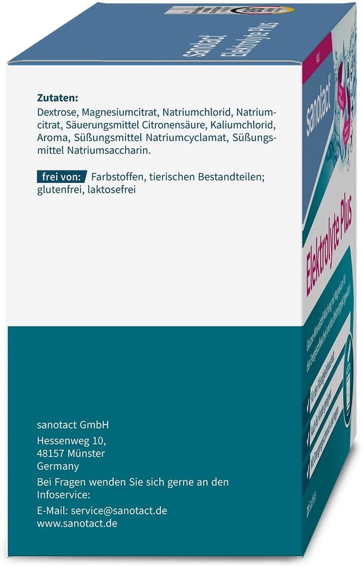 Seitenansicht der Verpackung von sanotact Elektrolyte Plus. Enthält Informationen zu Inhaltsstoffen und Hersteller.