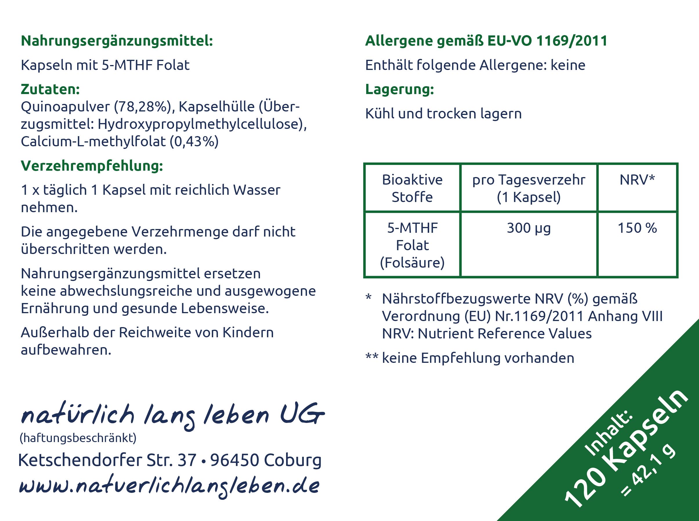 Rückseite der Folsäure Kapseln Packung. Enthält Informationen zu Inhaltsstoffen, Dosierung und Nährwerten.