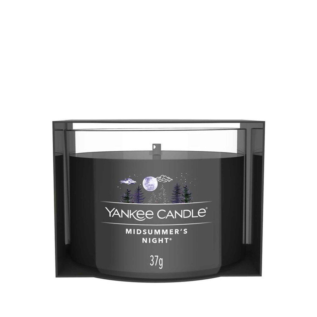 Votivkerze im Glas. Schwarzes Glas mit Aufdruck. Marke Yankee Candle, Aufschrift Midsummer's Night, 37g.