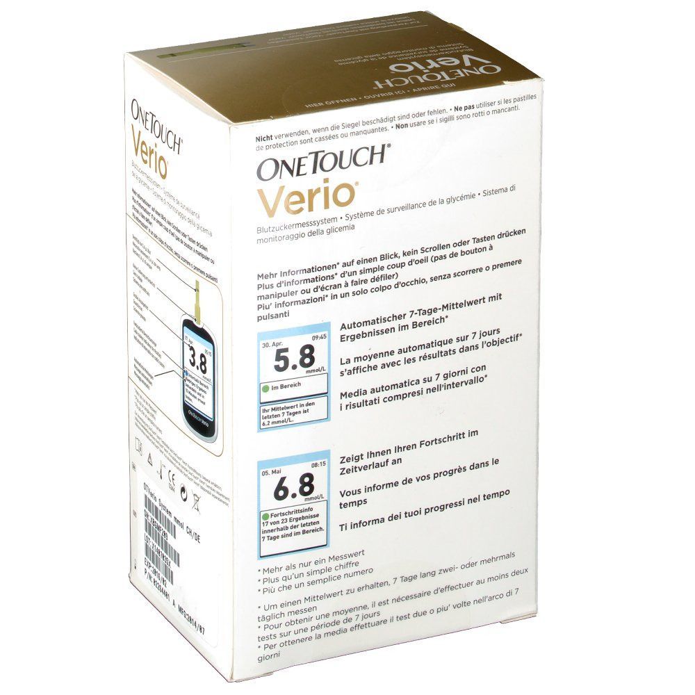 OneTouch Verio-Verpackung. Aufdrucke: Produktname, Bedienungsanleitung, Abbildungen von Blutzuckermessgeräten mit Werten 5.8 und 6.8, Text.