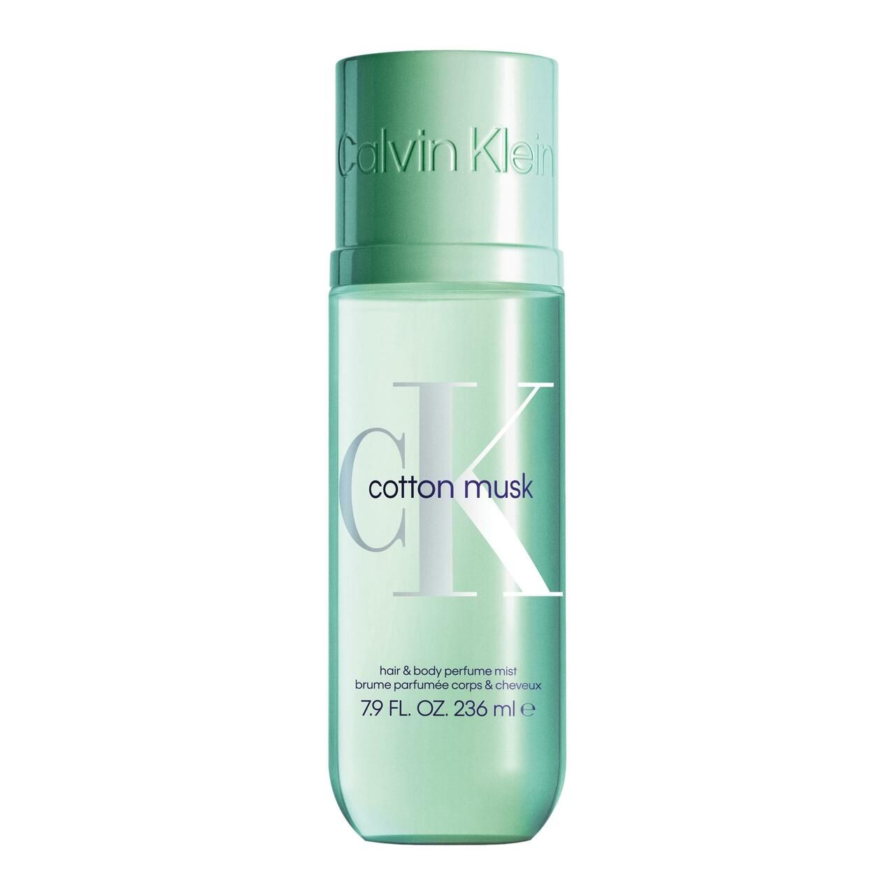 Grüne Flasche mit Sprühkopf. Aufschrift Calvin Klein, cotton musk, hair & body perfume mist. 79 FL. OZ. 236 ml e.
