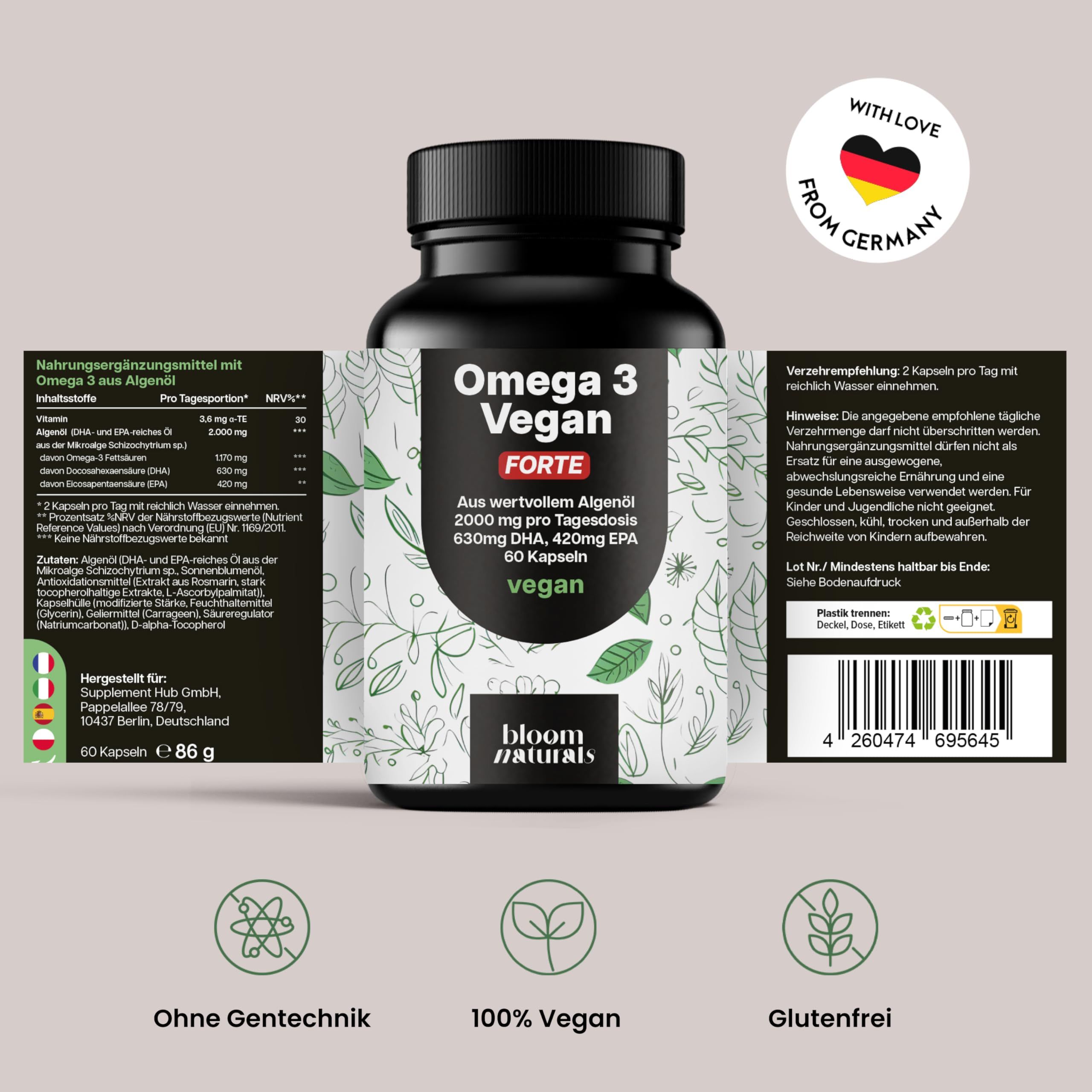 Produktflasche Omega 3 Vegan Forte mit Etiketten. Text: 60 Kapseln, 86g, ohne Gentechnik, 100% Vegan, glutenfrei.