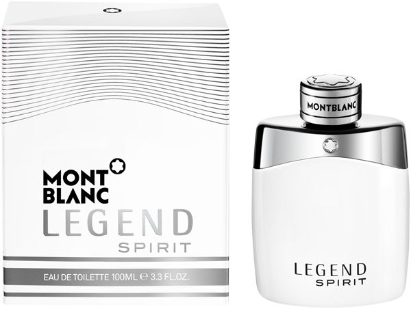 Weißes Eau de Toilette Legend Spirit von Montblanc. Flakon und Verpackung. Flakon mit silbernem Verschluss. Verpackung mit Schriftzug Legend Spirit.