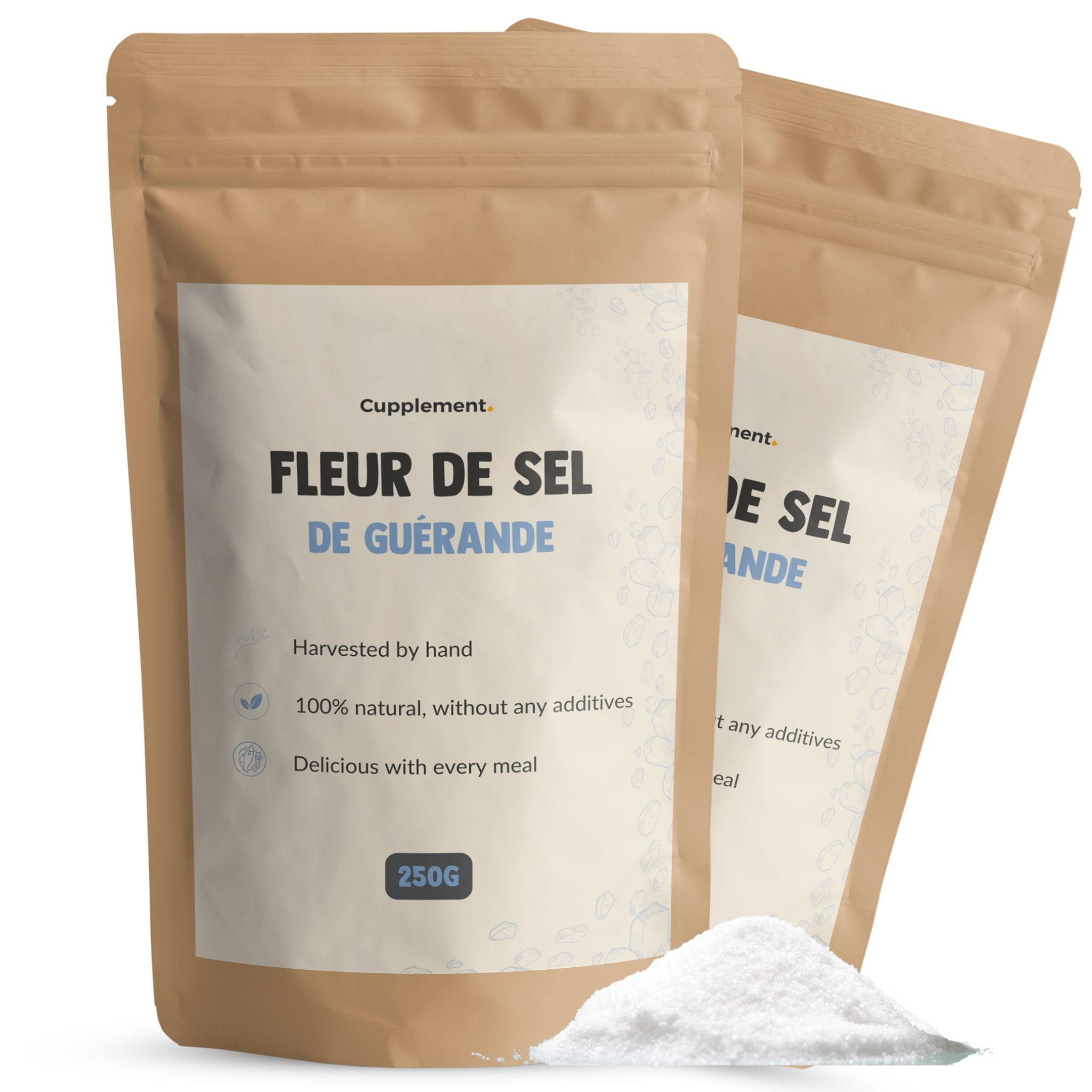 Zwei Beutel Fleur de Sel de Guérande. Braune Verpackung mit weißem Etikett. Text: Cupplement, Fleur de Sel, 250g.