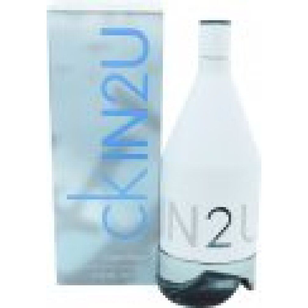 Flakon und Verpackung. Flakon weiß mit Aufschrift "IN2U". Verpackung silberfarben mit blauer Aufschrift "CKIN2U".