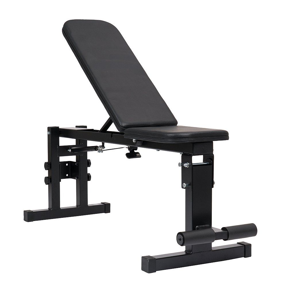 Klappbare Trainingsbank, schwarz, mit verstellbarer Rückenlehne und Sitzfläche. Metallrahmen mit Beinpolstern.