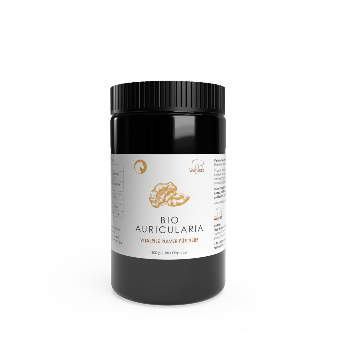 Schwarze Dose mit weißem Etikett. Aufschrift: BIO AURICULARIA, Vitalpilz Pulver für Tiere. Logo.