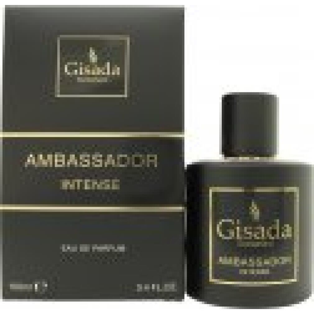 Gisada Ambassador Intense Eau de Parfum Set mit schwarzer Verpackung und Flakon.