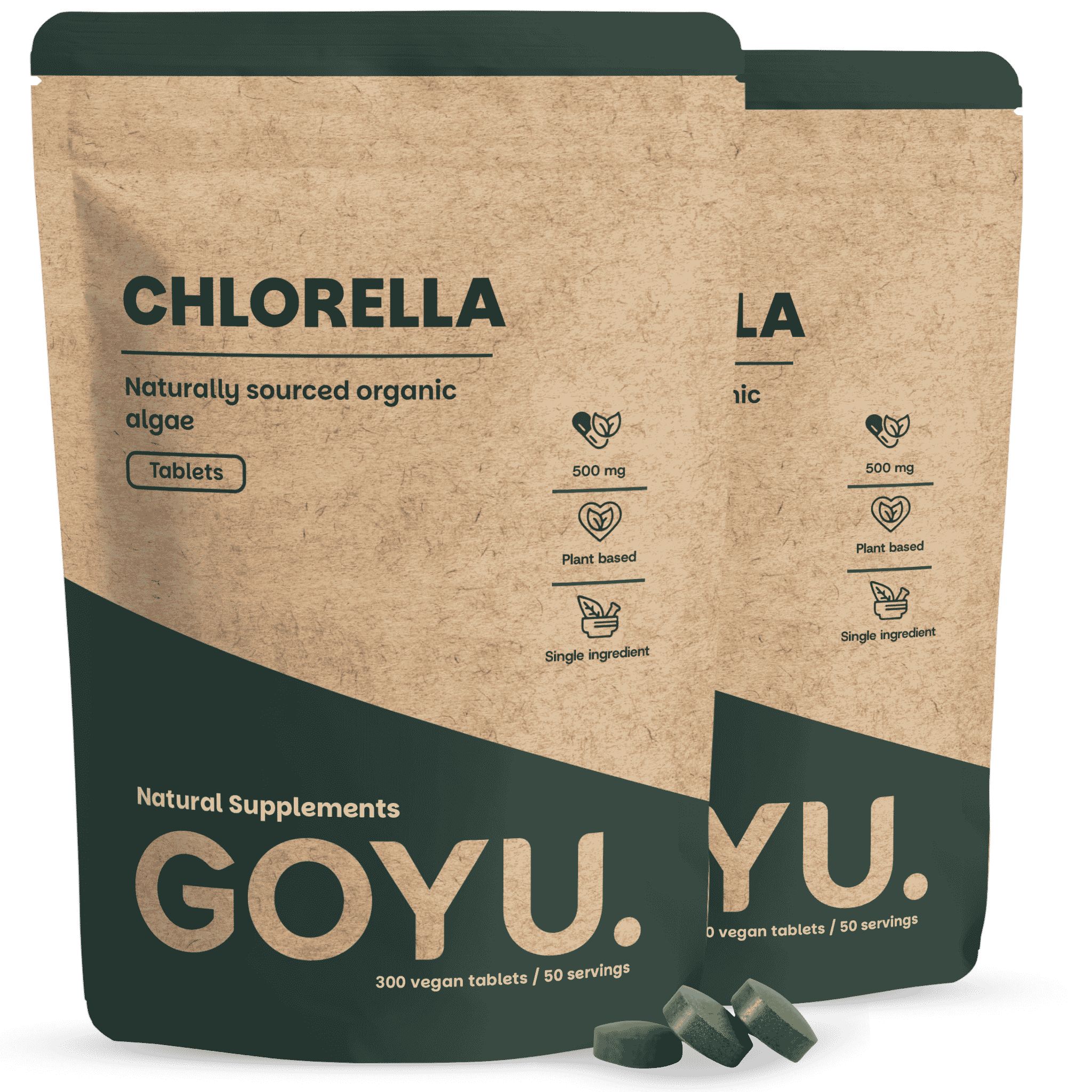 Zwei Packungen Chlorella Tabletten, 500 mg, Bio. Braune Beutel mit grüner Schrift.