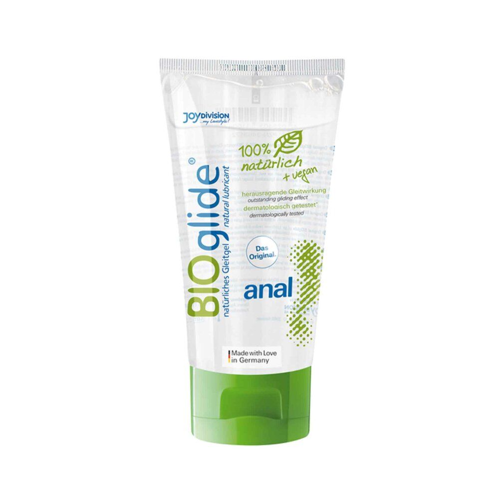 Tube mit transparentem Gel und grünem Verschluss. Aufschrift: BIOglide, anal. 100% natürlich + vegan.