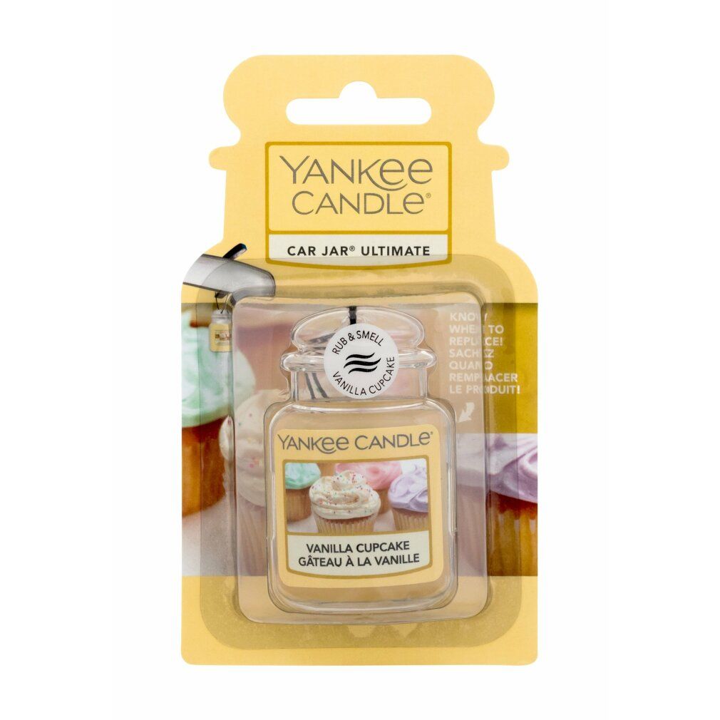 Yankee Candle Car Jar Ultimate, Vanille Cupcake. Gelbes Glas mit Aufhängung. Aufschrift: Vanilla Cupcake, Gâteau à la Vanille.