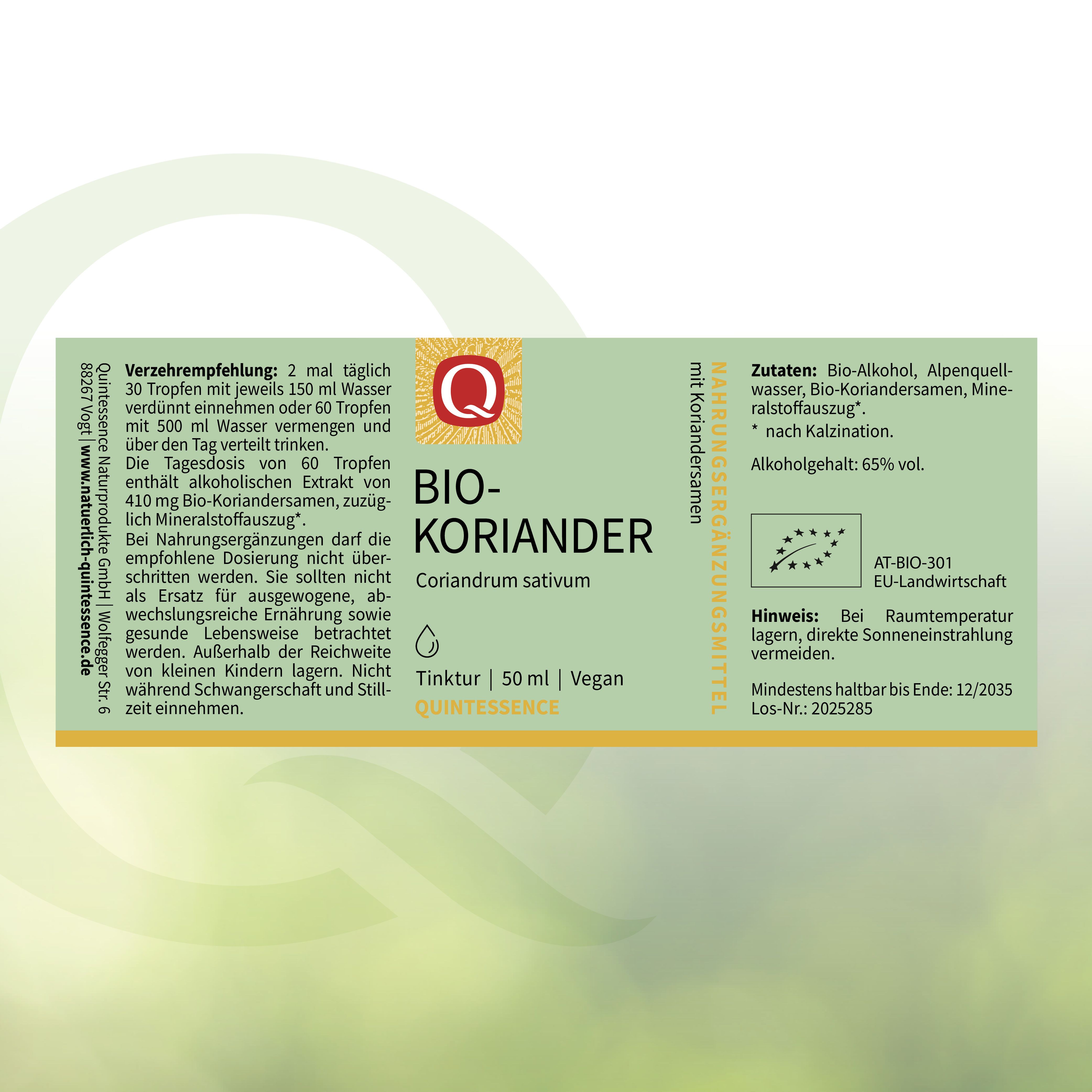 Etikett einer Quintessence Bio-Koriander Tinktur. Zeigt "BIO-Koriander", "Coriandrum sativum", "Urtinktur 50 ml", "Vegan" und "Quintessence".