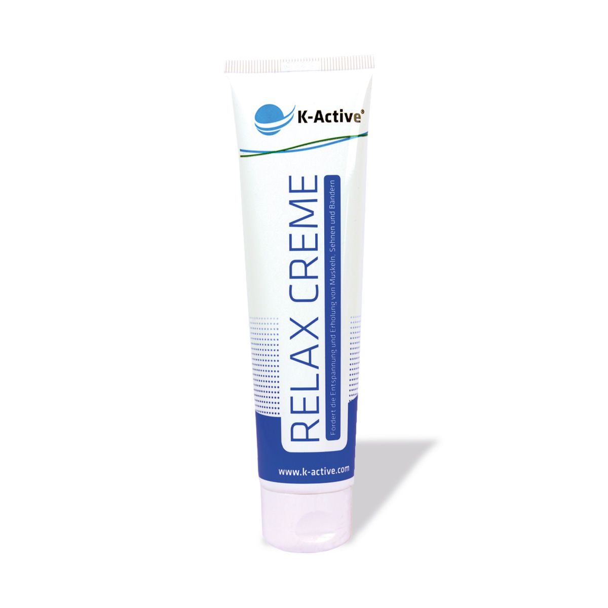 Tube mit K-Active Relax Creme. Weiß, blau und grün. Schriftzug: Relax Creme. Logo: K-Active. Website-Adresse.