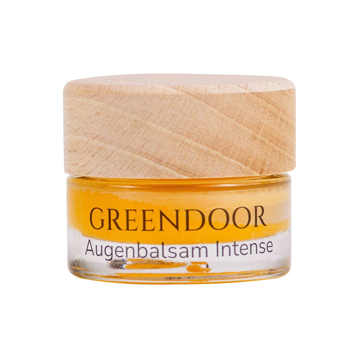 Kleines Glas mit Augenbalsam. Holzdeckel. Aufschrift: GREENDOOR Augenbalsam Intense.