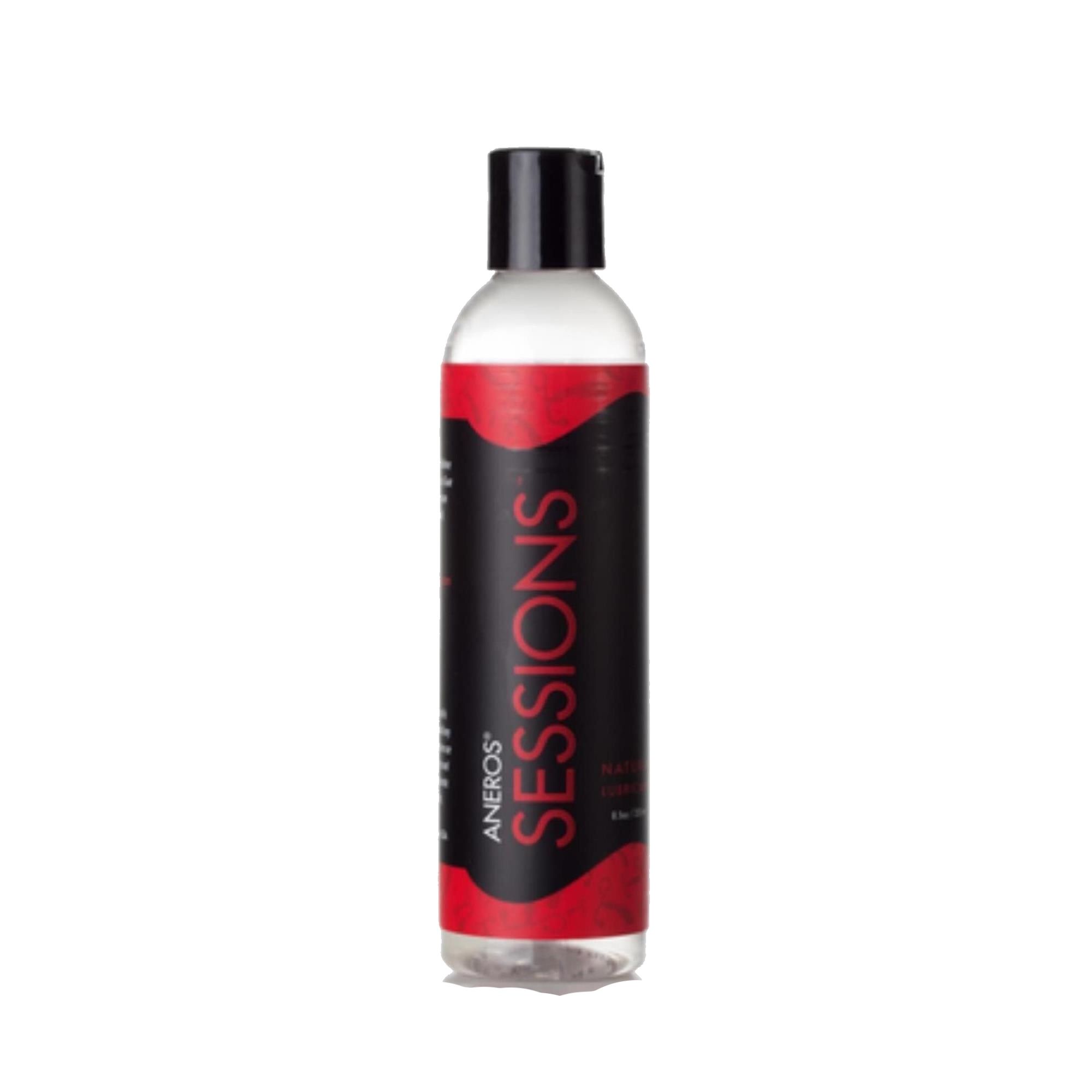 Flasche mit schwarzem Deckel und rotem Etikett. Aufschrift: SESSIONS, Aneros.