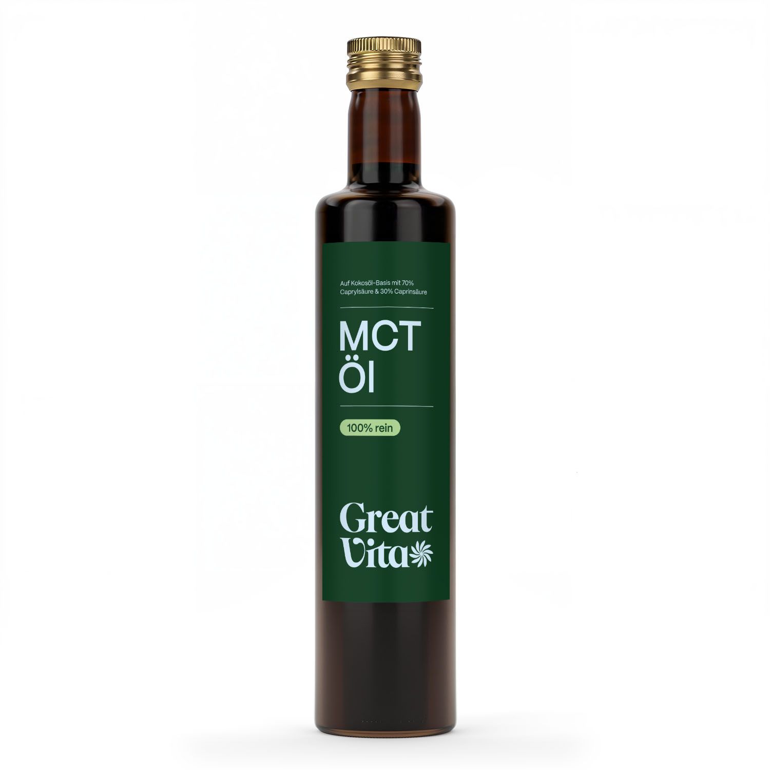 Braune Glasflasche mit grünem Etikett. Aufschrift: MCT Öl, 100% rein, Great Vita.