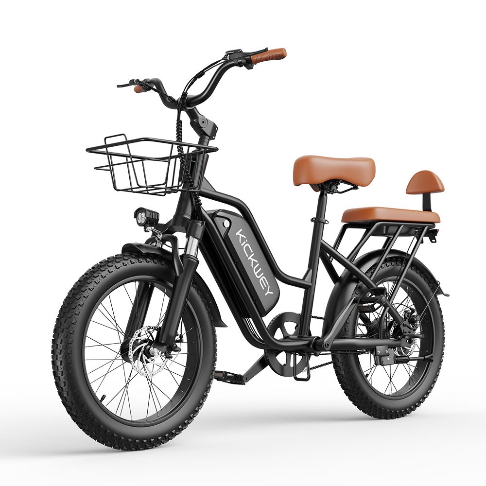 Schwarzes E-Bike mit braunem Sattel und Korb. Akku mit KICKWEY-Logo. Seitenansicht.