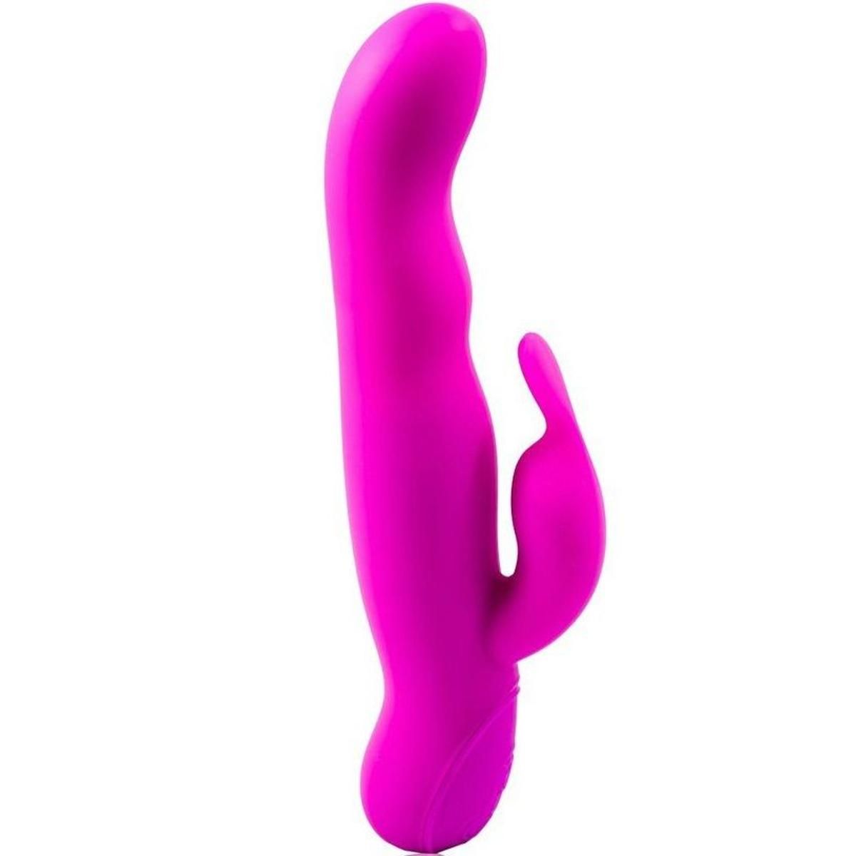 Lila Vibrator mit gebogener Form und einem kleineren Teil. Auf weißem Hintergrund.