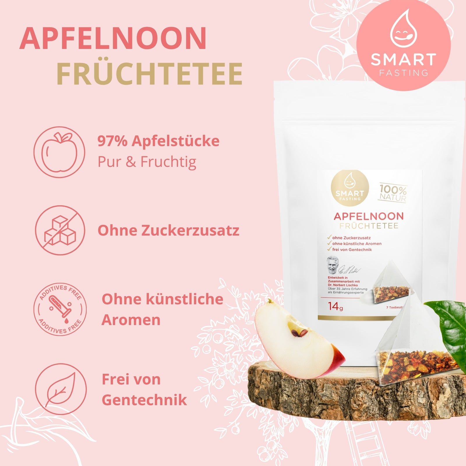 Smart Fasting® Früchtetee Apfel - 97% Apfelstücke - naturbelassen, vegan, 21 Beutel
