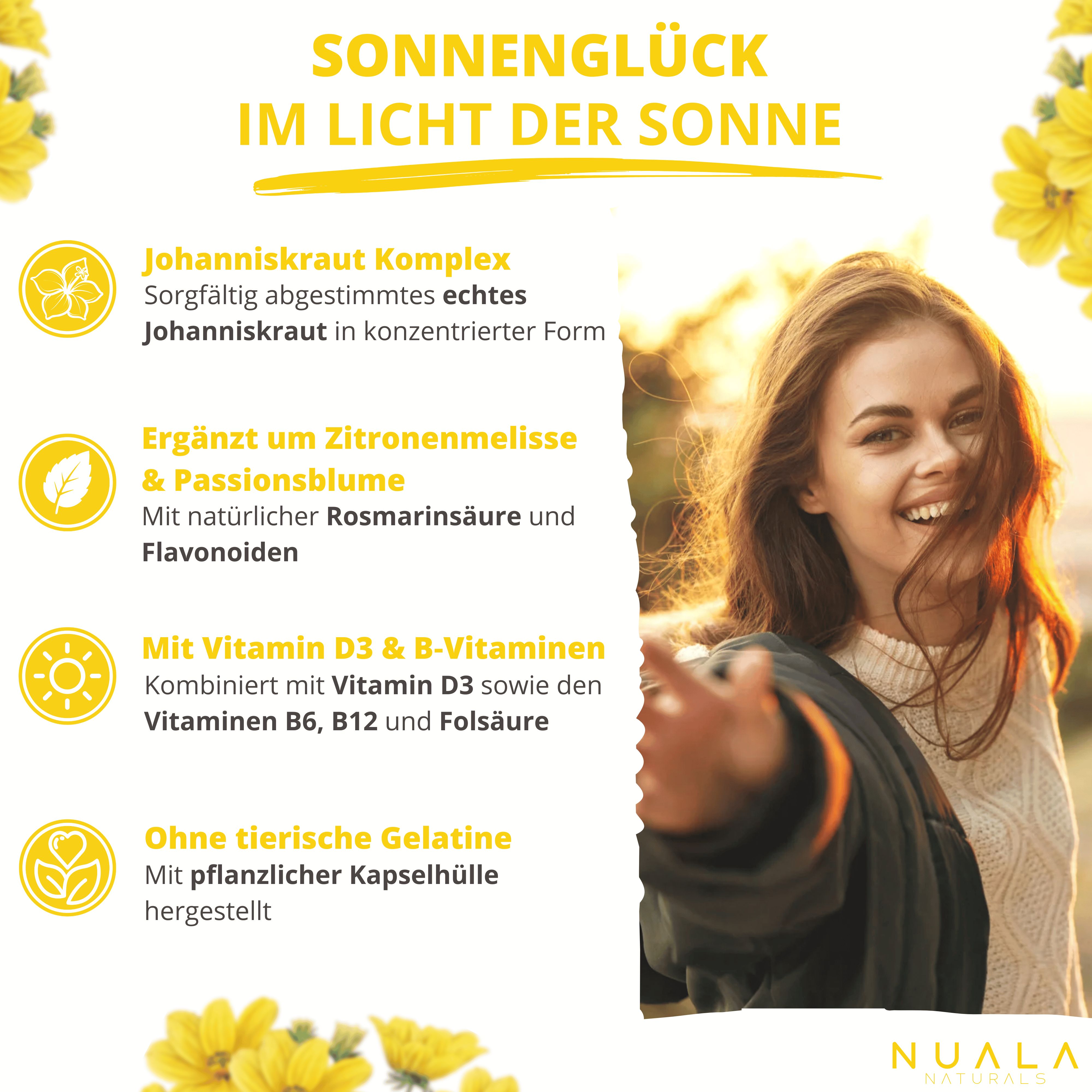 Gelbe Infografik mit Text und Illustrationen. Enthält Informationen zu Johanniskraut, Zitronenmelisse, Vitaminen und veganen Kapseln.