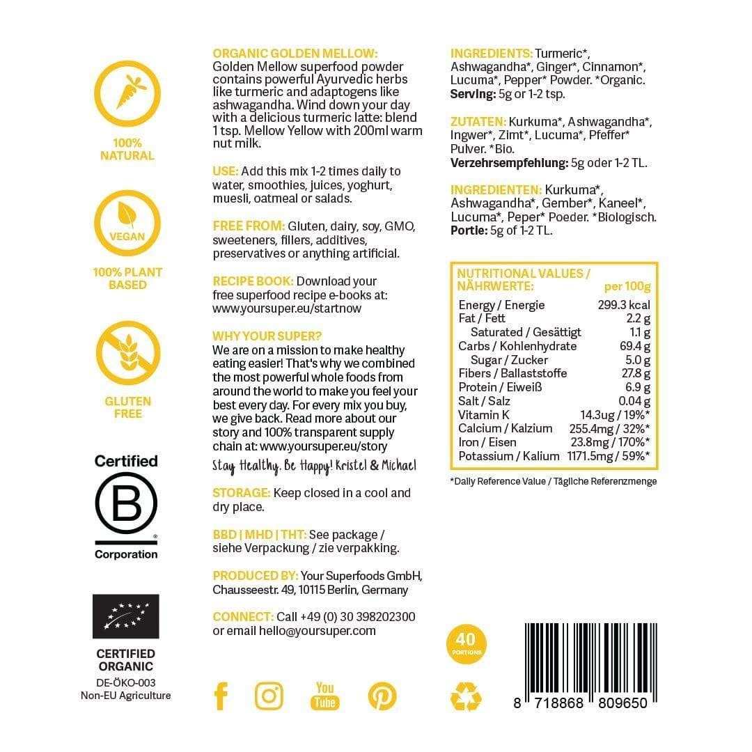 Text auf weißem Hintergrund. Produktinformationen, Nährwertangaben, Zertifizierungen, Barcode.