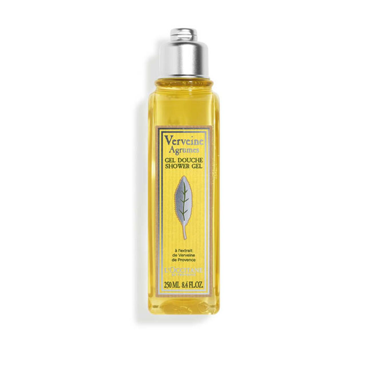 Gelbes Duschgel in rechteckiger Flasche mit silbernem Deckel. Text: Verbene Agrumes, Gel Douche, Shower Gel. 250 ml.