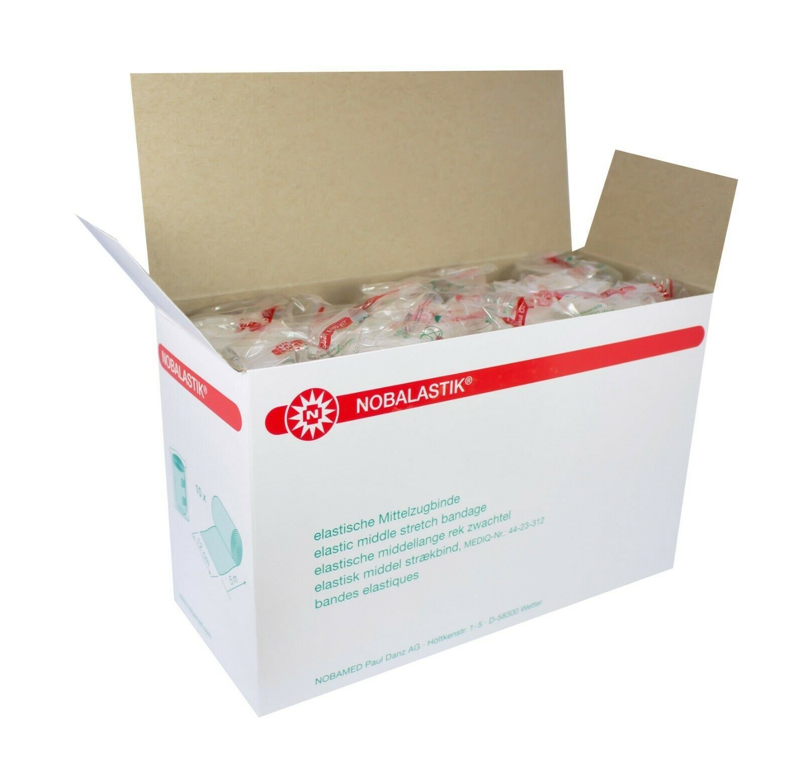 Geöffnete Kartonverpackung mit vielen einzeln verpackten Binden. Aufdruck: NOBALASTIK+. Text: elastische Mittelzugbinde.