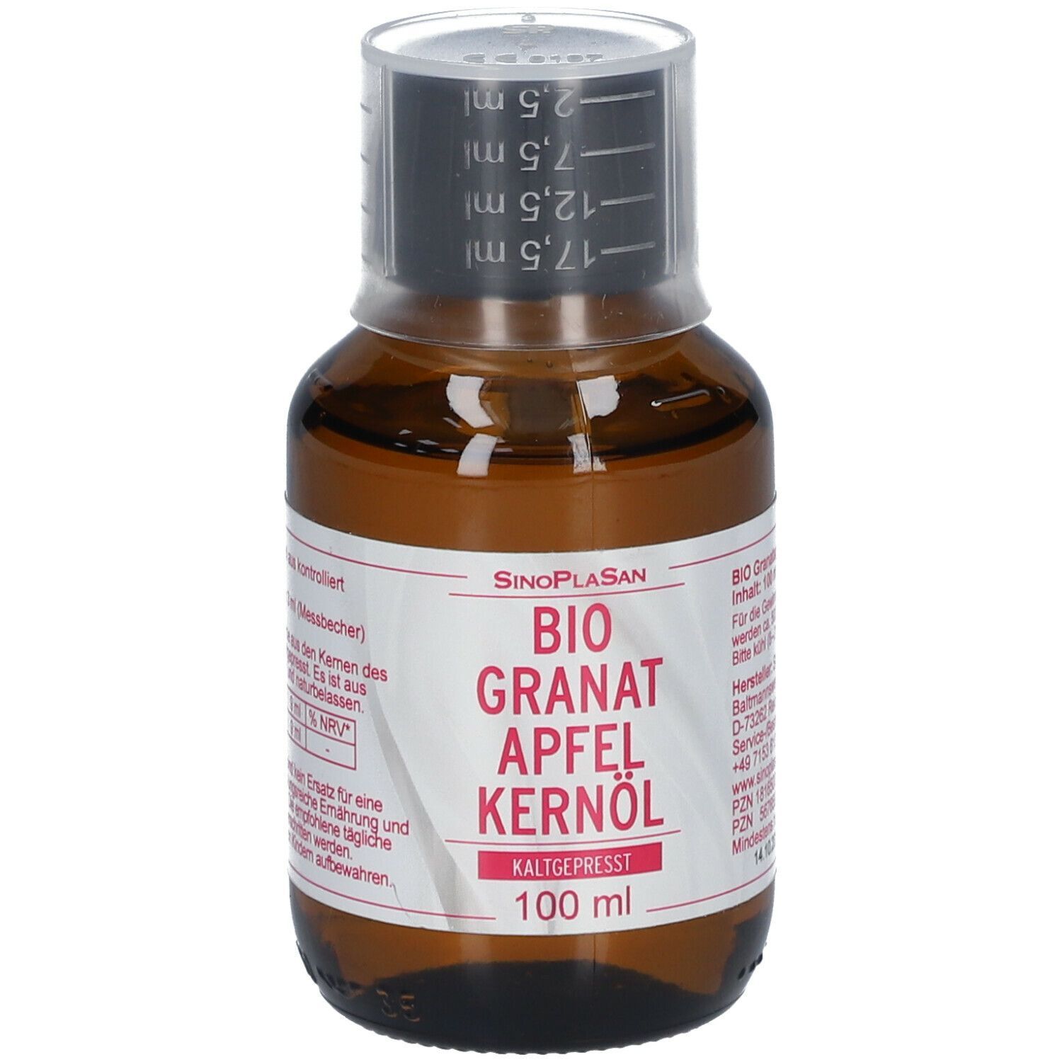 Braune Glasflasche mit Messbecherverschluss. Aufschrift: BIO Granatapfel Kernöl, kaltgepresst. 100 ml.