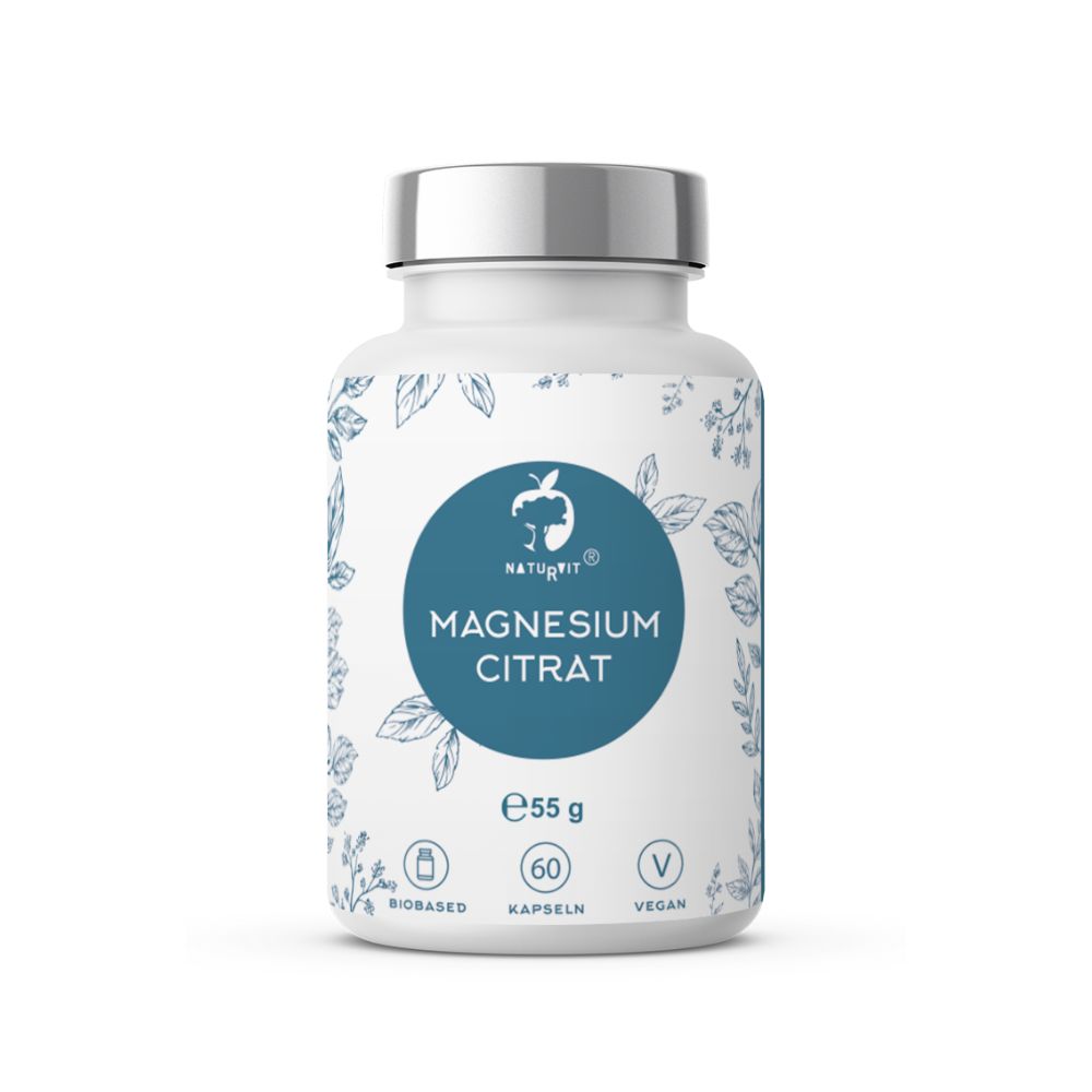 Weiße Flasche mit blauem Etikett. Aufschrift 'Magnesium Citrat' und 'e55g'. Vegan- und Biobased-Siegel.