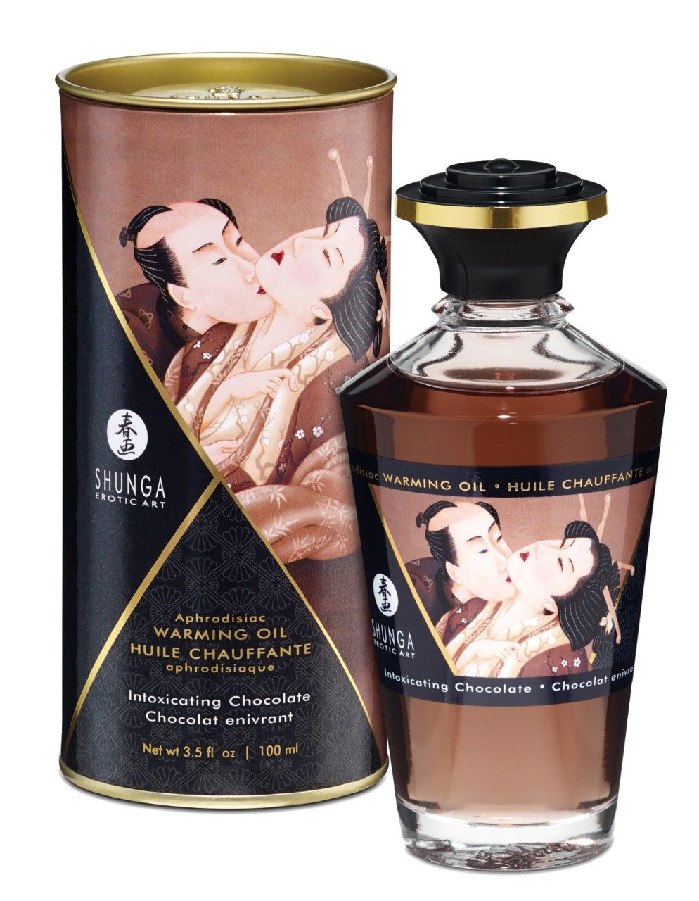 Glasflasche und Dose. Flasche braun, Dose mit Bild eines küssenden Paares. Text: Shunga, Warming Oil, Intoxicating Chocolate.