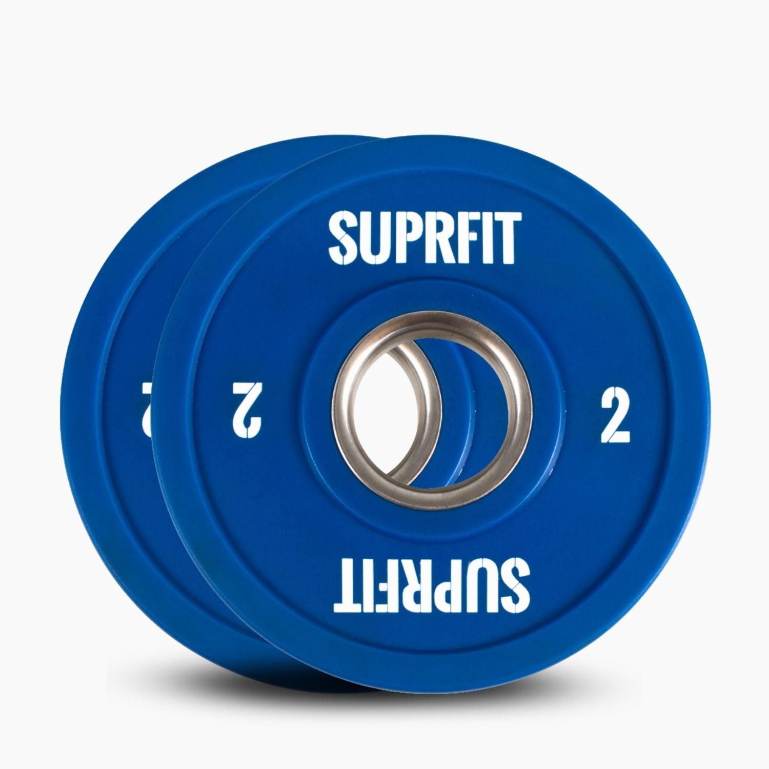 Zwei blaue Suprfit Mini Bumper Plates. Aufschrift 'SUPRFIT' und '2'. Runde Form mit silberner Innenverstärkung.