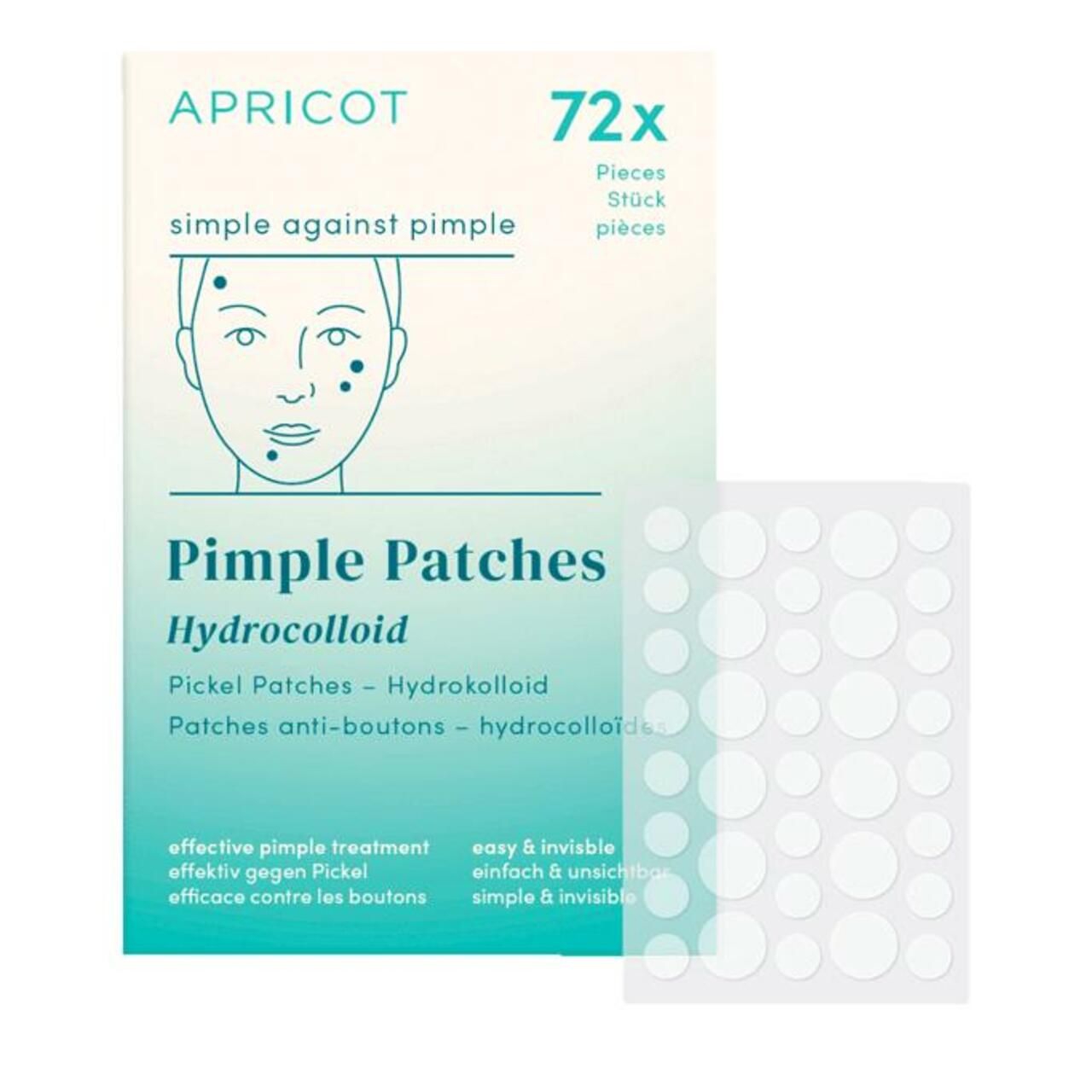 Rückseite der Verpackung mit Pickel Patches. Text in mehreren Sprachen. Inhaltsstoffe und Herstellerangaben.