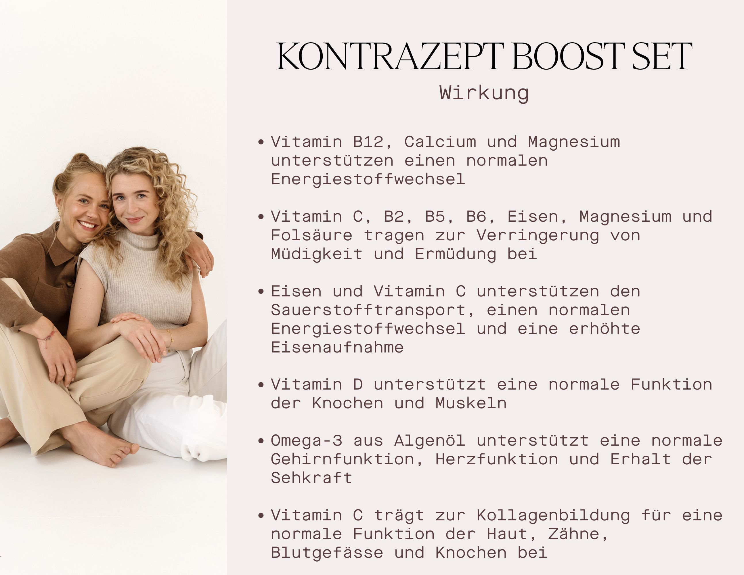 Texttafel: Kontrazept Boost Set. Wirkung. Text über Vitamin B12, Calcium, Magnesium, Eisen, Omega-3, Vitamin D, Vitamin C.
