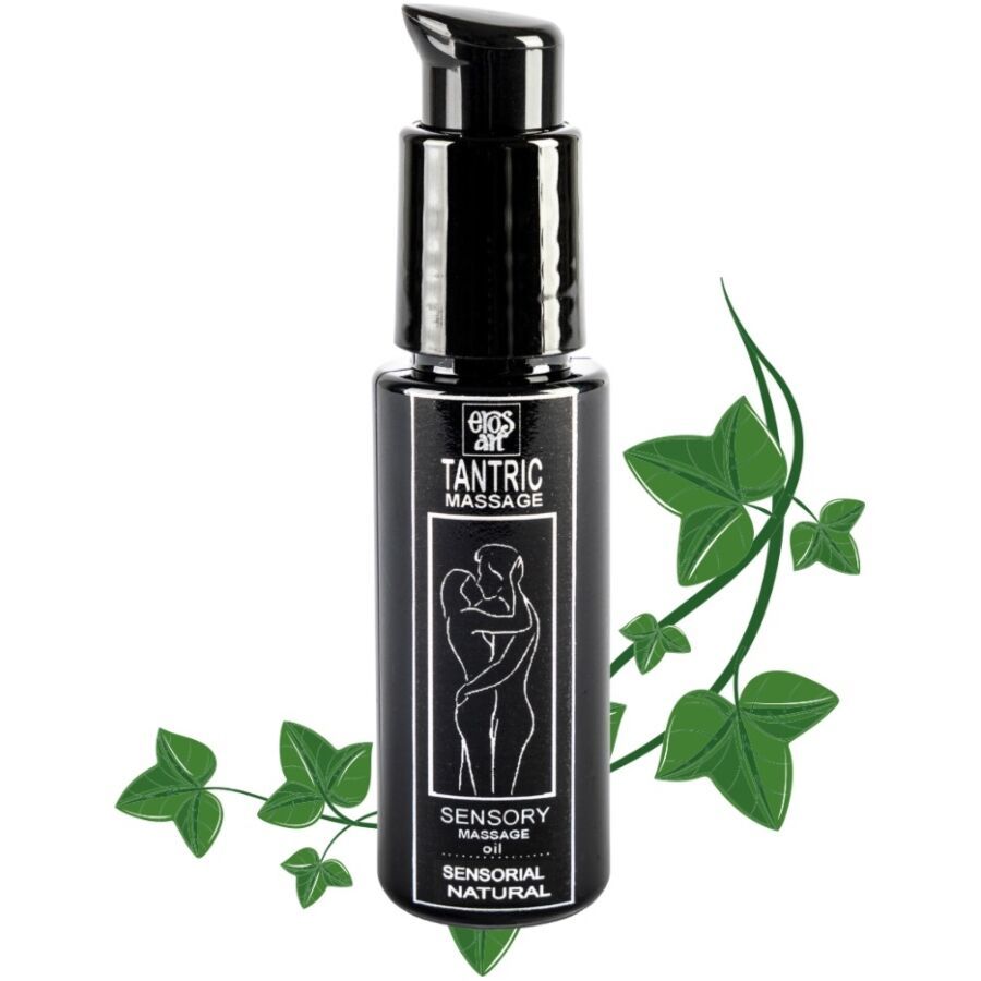 Schwarze Flasche mit Pumpe. Aufschrift: Tantric Massage, Sensory Massage Oil, Sensorial Natural. Mit Efeublättern.