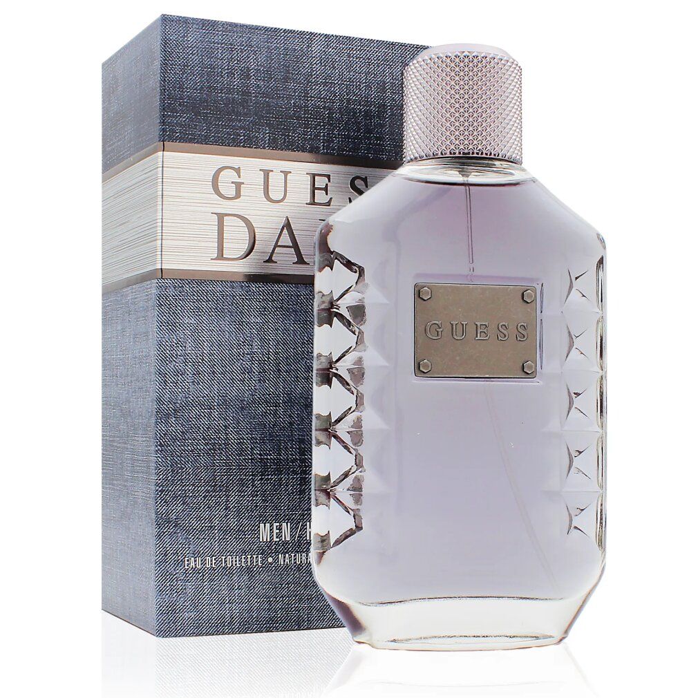 Eine Glasflasche mit einem silbernen Verschluss und einem Karton, die "Guess Dare" Eau de Toilette enthält.