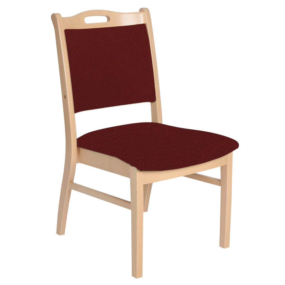 Seniorenstuhl ohne Armlehnen mit rotem Sitz und Rückenlehne. Holzrahmen, helle Farbe.