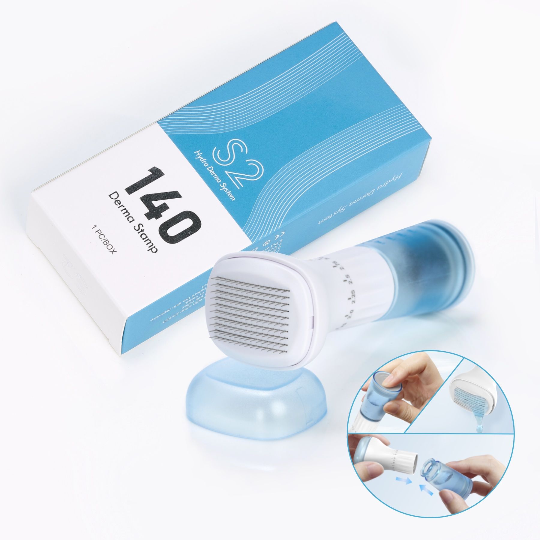 P-beauty Derma Stamp Dermapen Mesoroller 140 aghi in acciaio inossidabile con serbatoio per siero