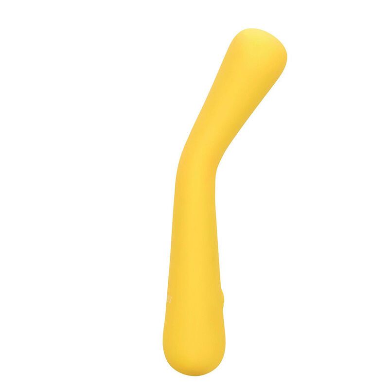 Gelbes, flexibles Massagegerät. Gebogene Form mit abgerundeten Enden. Ein/Aus-Taste sichtbar.