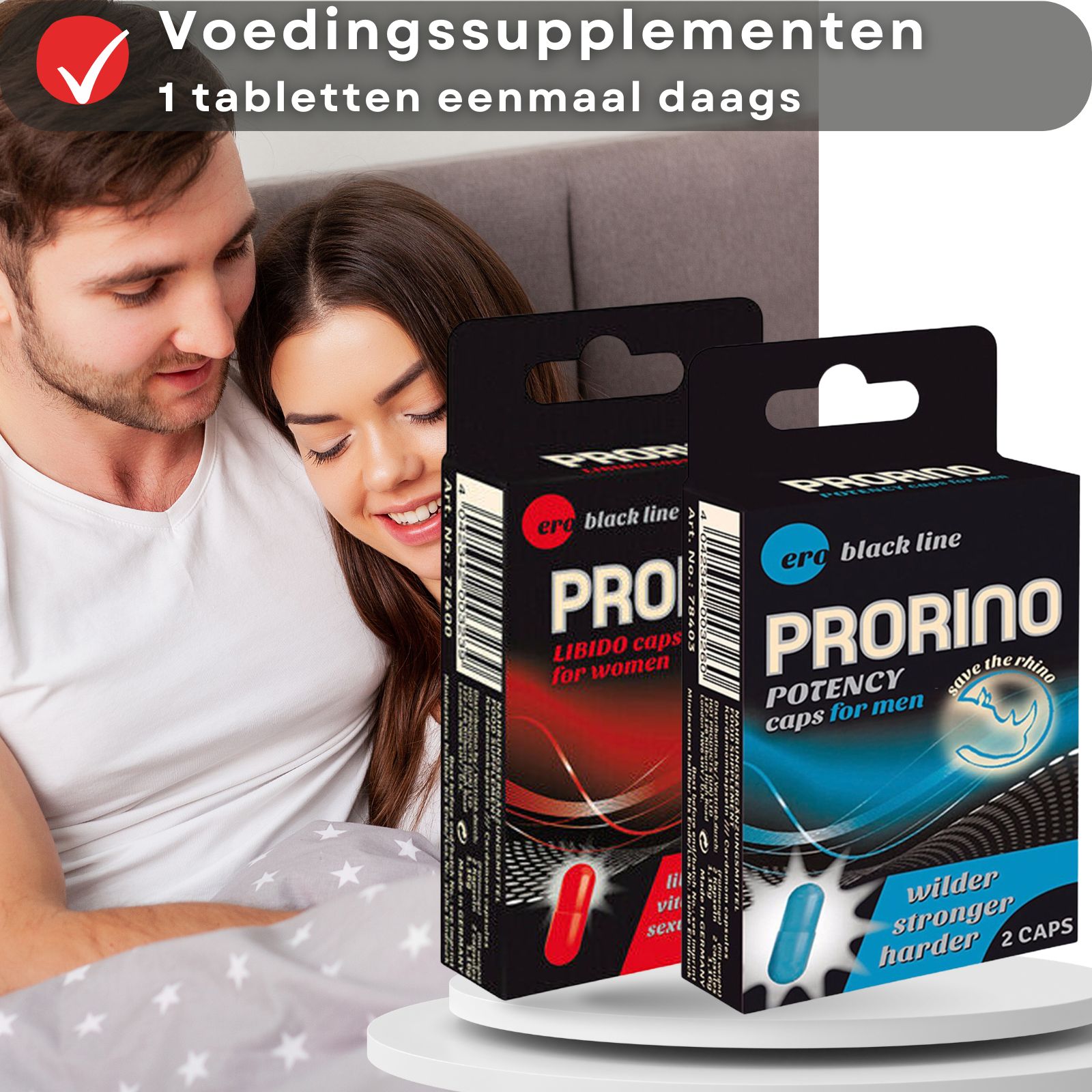 Zwei Schachteln mit Kapseln. Text: Prorino, Libido Caps, Potency Caps. Frau und Mann im Hintergrund.