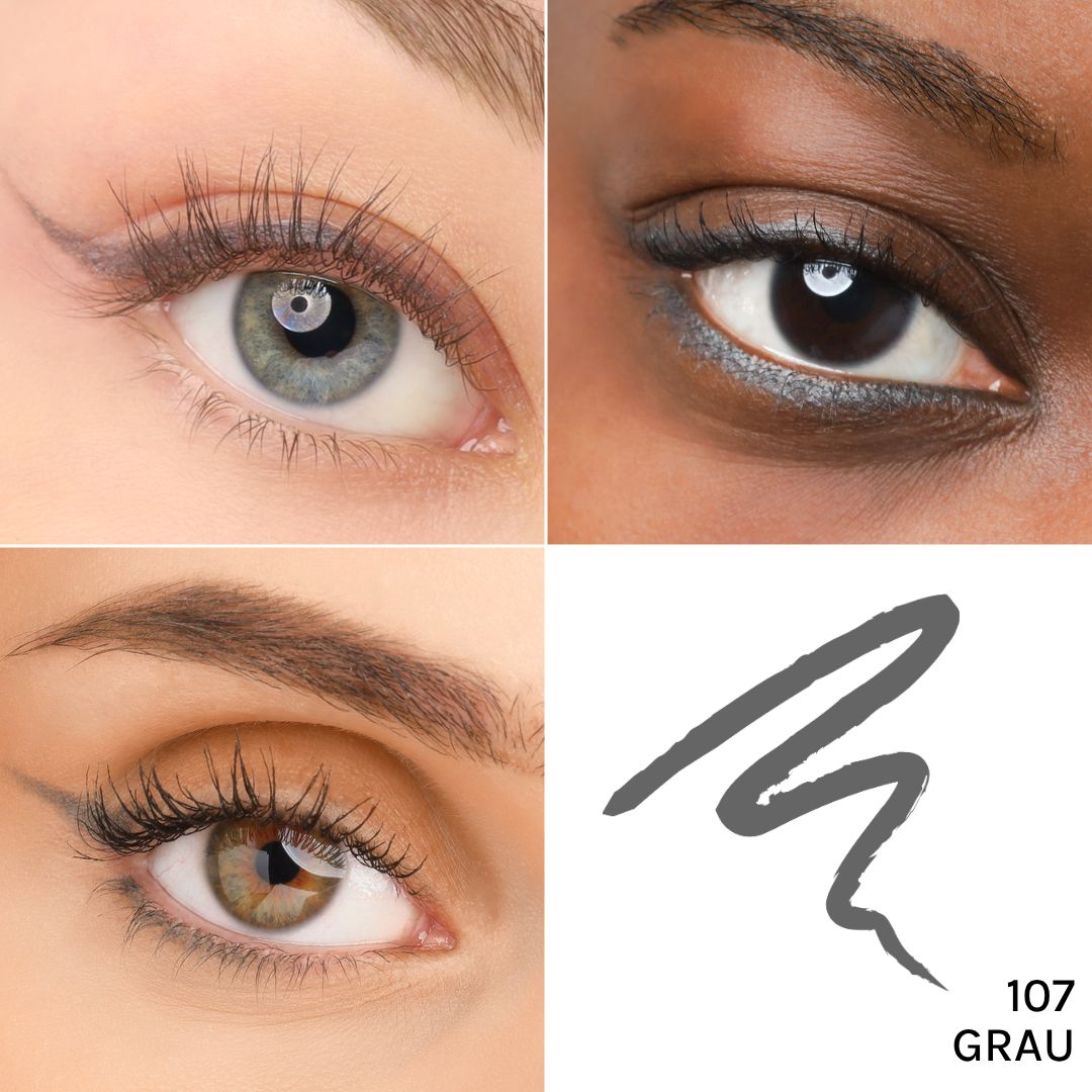 Vier Nahaufnahmen von Augen mit Kajal-Eyeliner. Verschiedene Haut- und Augenfarben. Eyeliner-Strich in Grau.