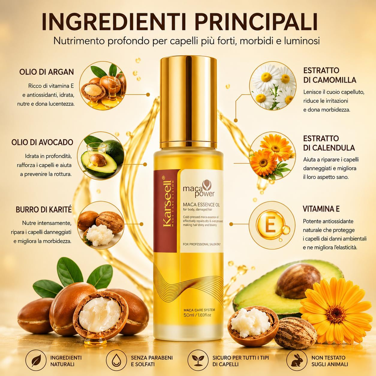 Flasche Karaseell Maca Essence Öl mit Arganöl, Avocadoöl, Sheabutter, Kamillen- und Ringelblumenextrakt sowie Vitamin E.