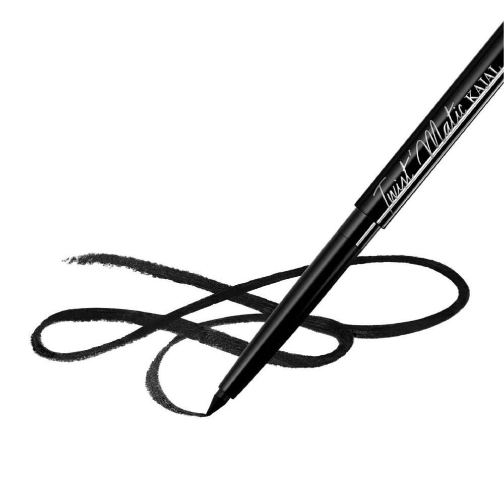 Schwarzer Augenstift zeichnet geschwungene Linie. Aufschrift: Twist Matic Kajal.