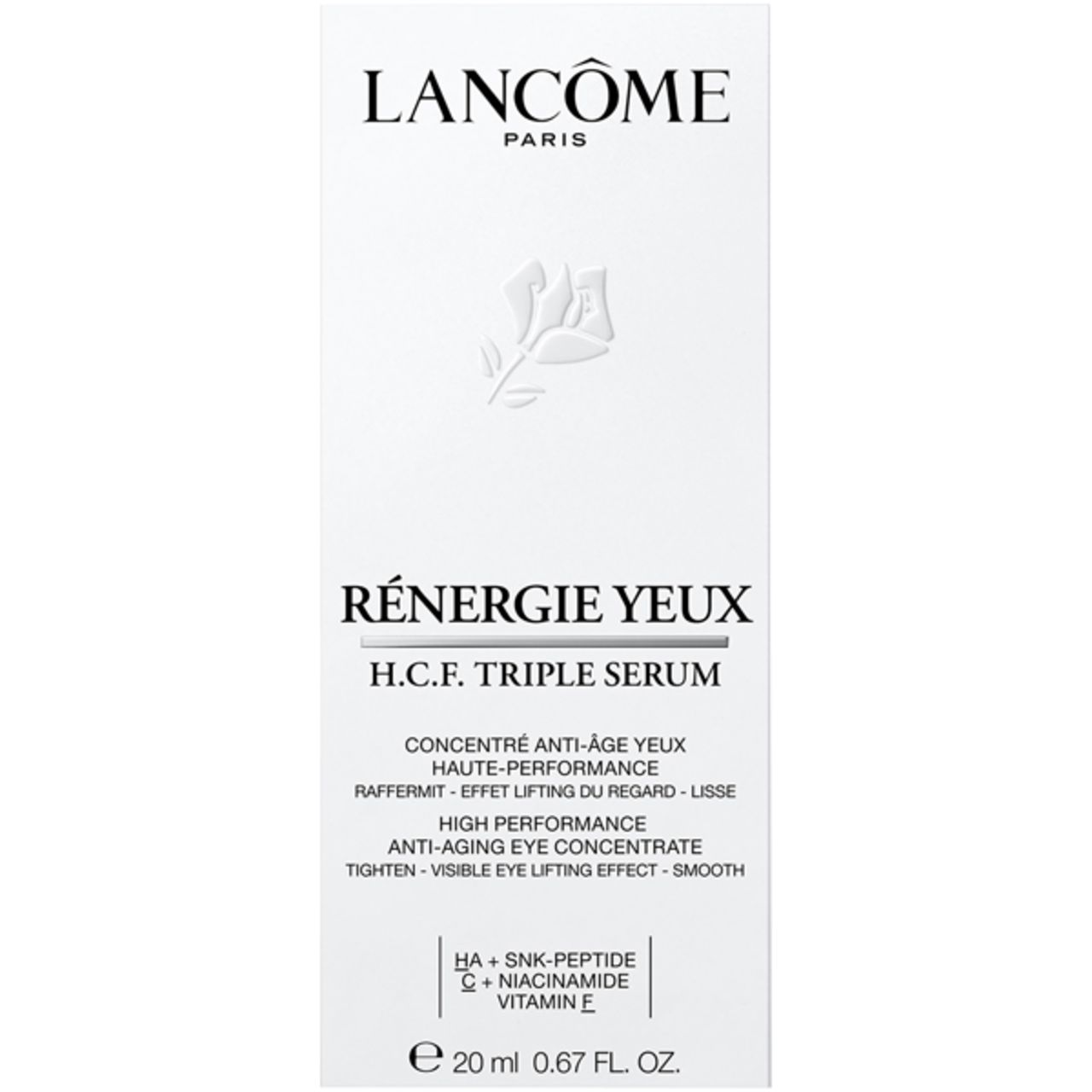 Lancôme-Verpackung. Weißer Karton mit Produktnamen und Logo. Text: Rénergie Yeux H.C.F. Triple Serum. 20 ml.