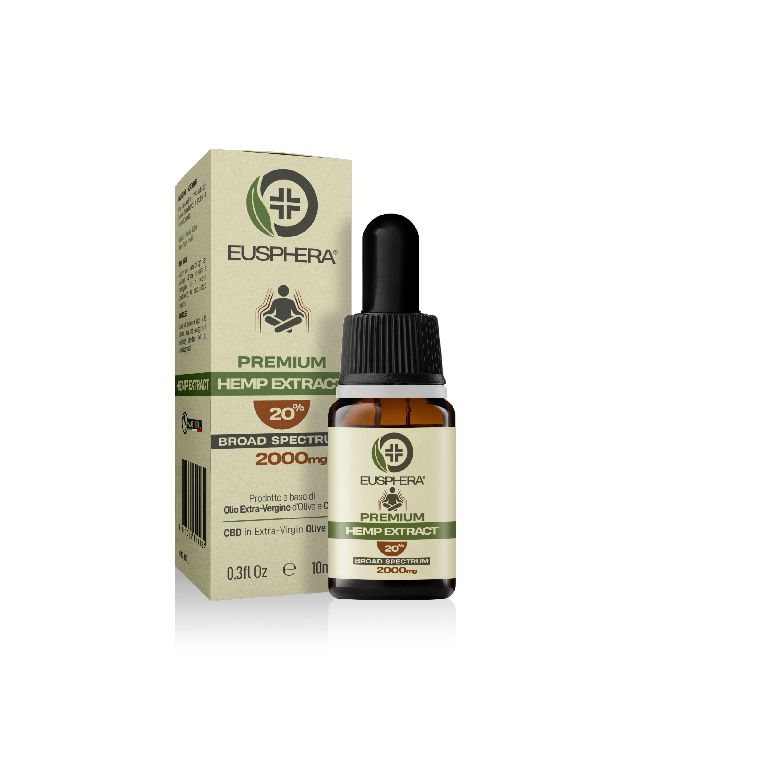 Flacone di vetro ambrato con contagocce e confezione. Scritta: Eusphera, Premium Hemp Extract 20% Broad Spectrum.