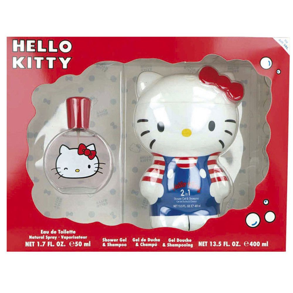 Geschenkset mit Hello Kitty Eau de Toilette und 2-in-1 Duschgel & Shampoo. Rote Verpackung mit Produktabbildungen.