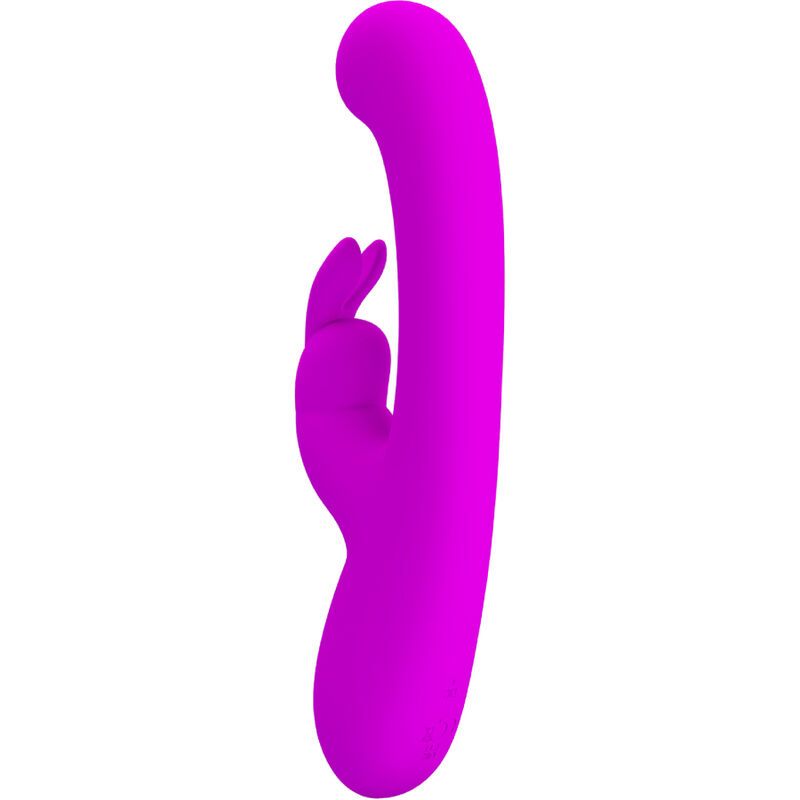 Lila Vibrator mit Kaninchenohren-Design. Gebogene Form mit abgerundeter Spitze. Aus Silikon.