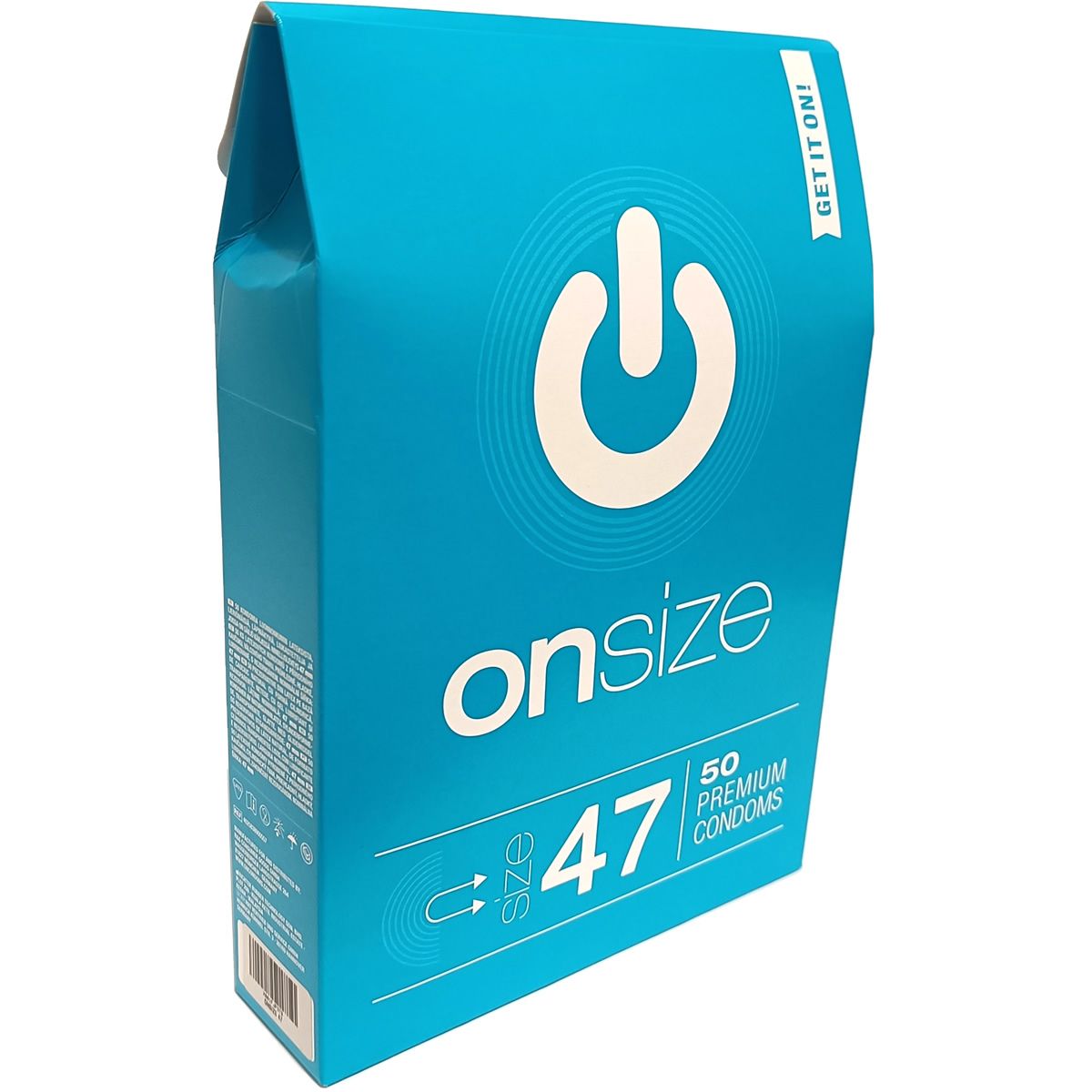 Türkisblaue Verpackung mit weißem Logo und Schriftzug "onsize". Größe 47. Enthält 50 Kondome. Aufschrift "GET IT ON!".