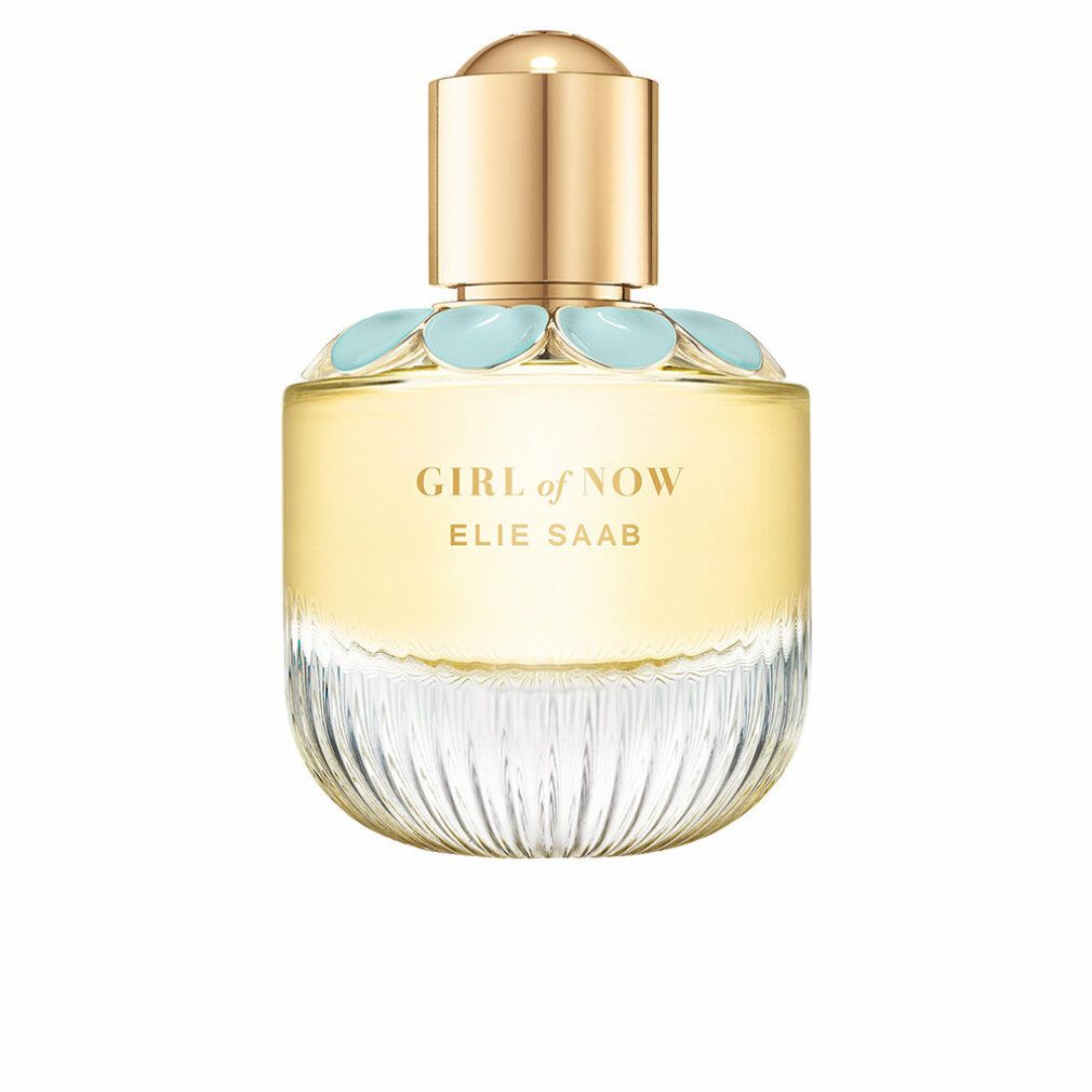 Parfümflakon mit goldfarbenem Deckel und hellblauen Blütenblättern. Aufschrift: GIRL OF NOW, ELIE SAAB.