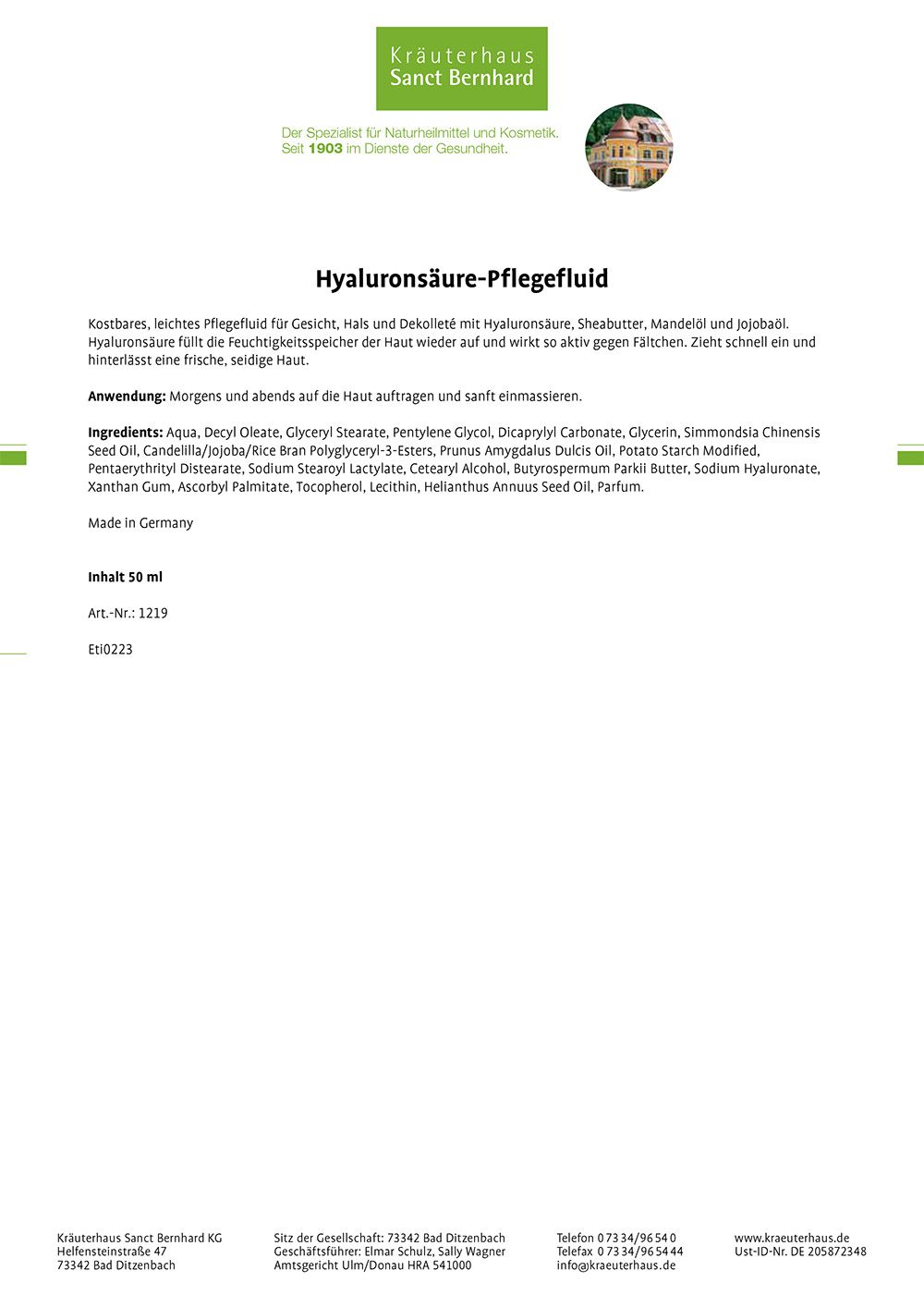 Weißes Papier mit Text. Überschrift: Hyaluronsäure-Pflegefluid. Enthält Informationen zu Inhaltsstoffen und Anwendung.