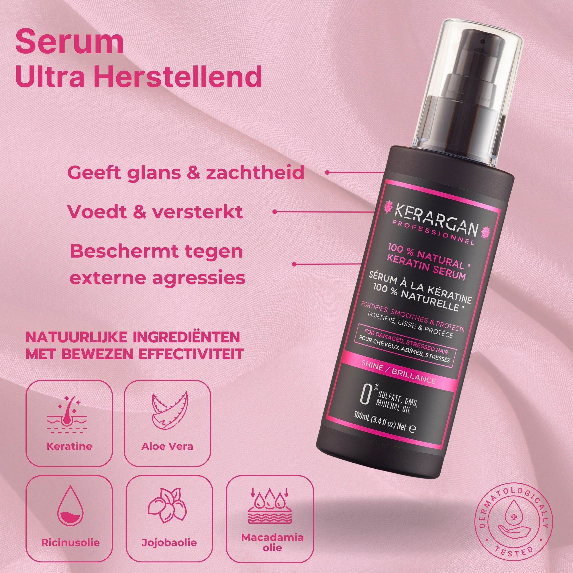 Kerargan masker in zwarte pot met roze etiket. Bevat 100% natuurlijke keratine. 500ml. Women's Beauty Award.